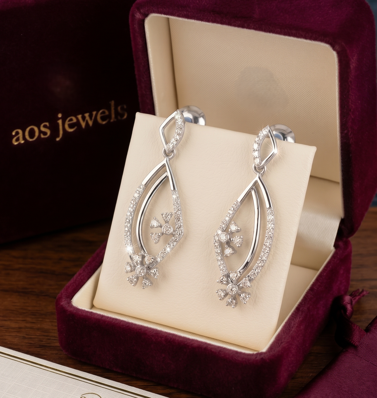 925 Silver Pavé Marquise & Blossom Dangle Earrings