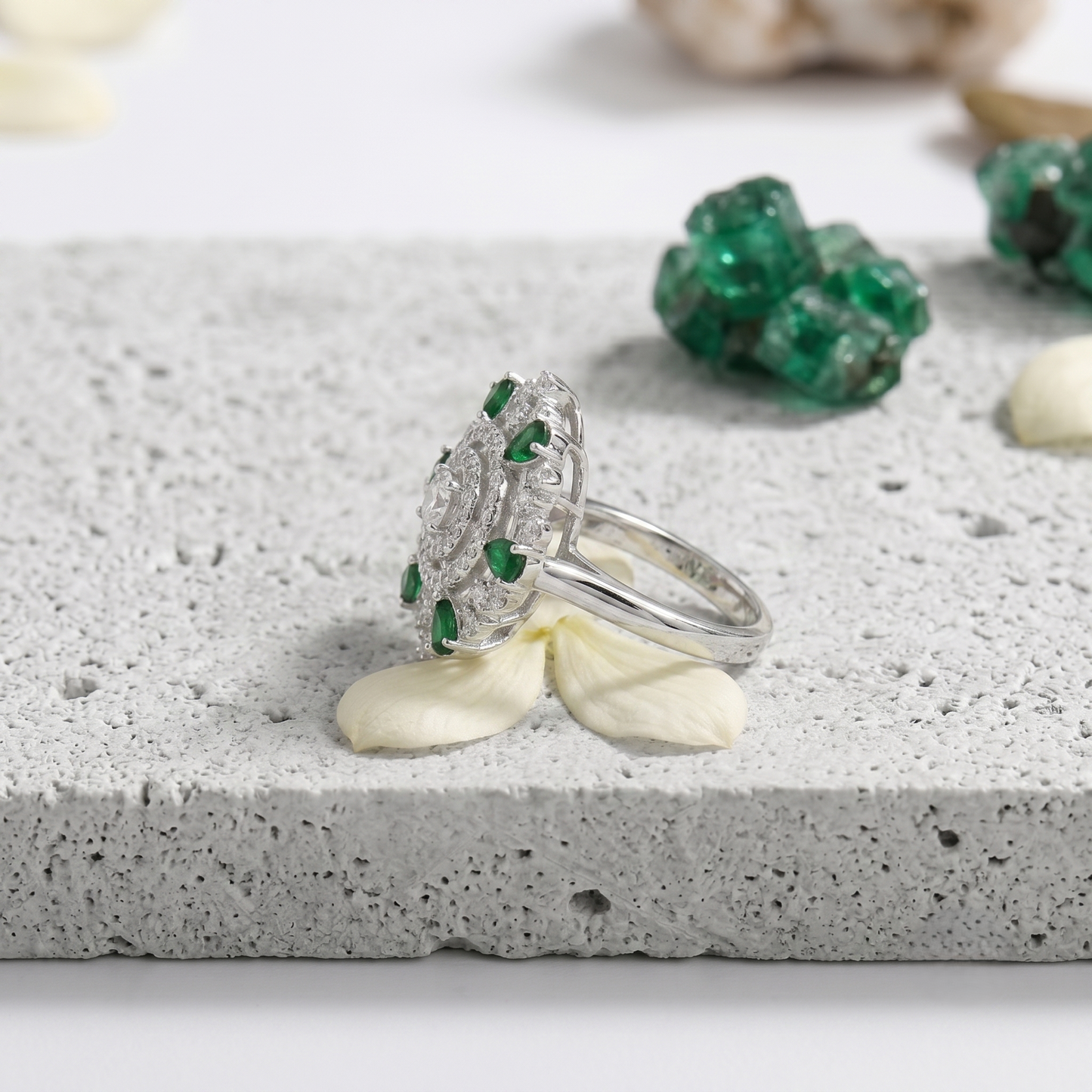 Royal Floral Emerald Statement Silver Ring