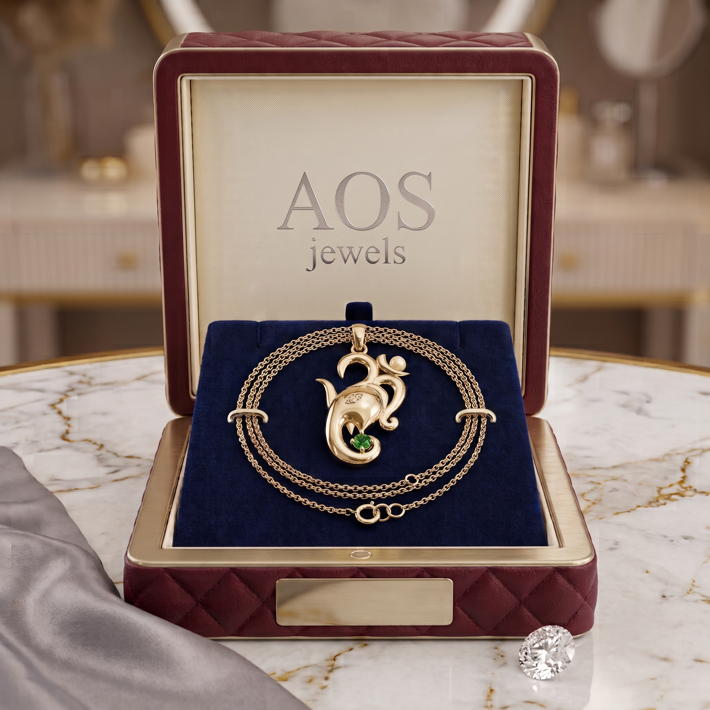 Om Ganesha Silver Pendant with Green Gemstone
