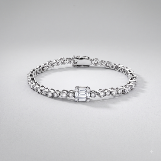 Silver Baguette & Round Halo Statement Bracelet