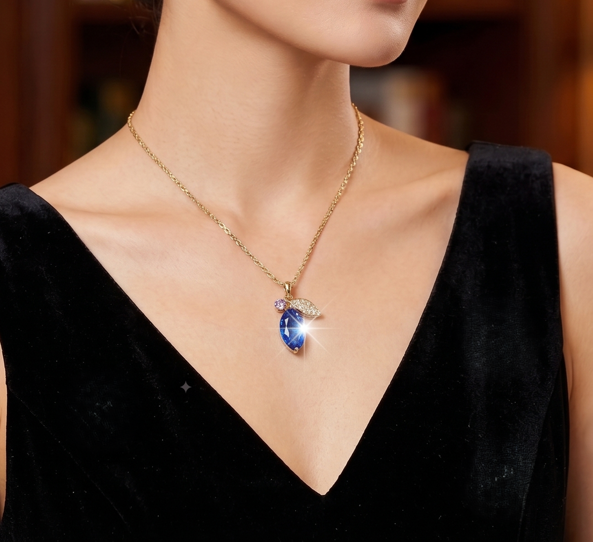 Vibrant Blue Drop Pendant With Pave Silver Leaf