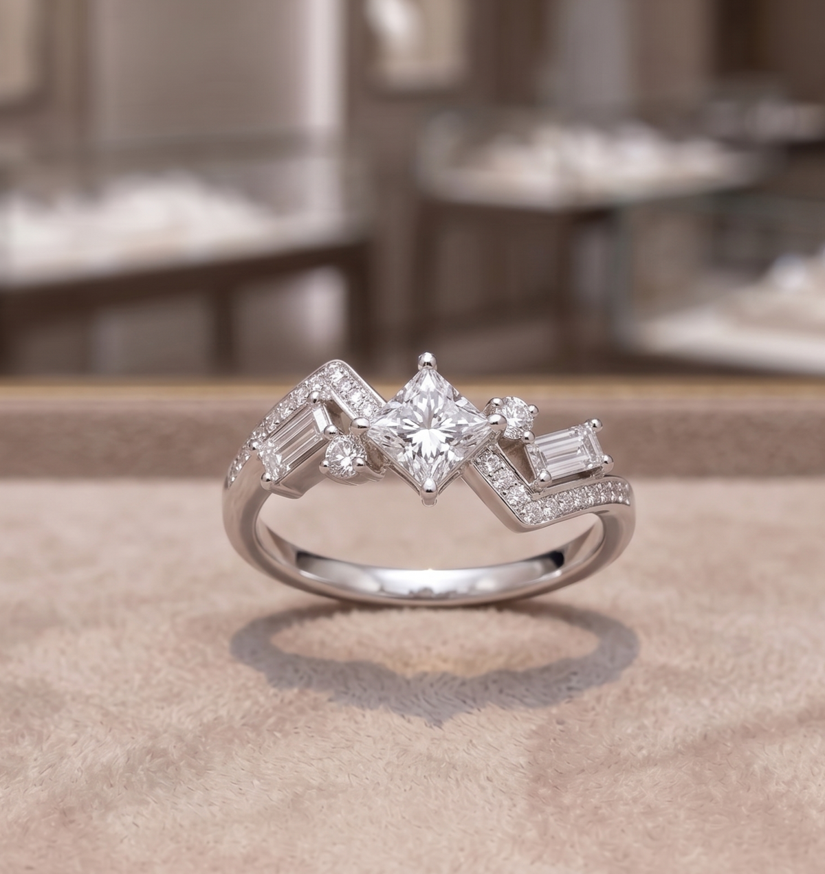 A Silver Princess Cut Geometric Ring
