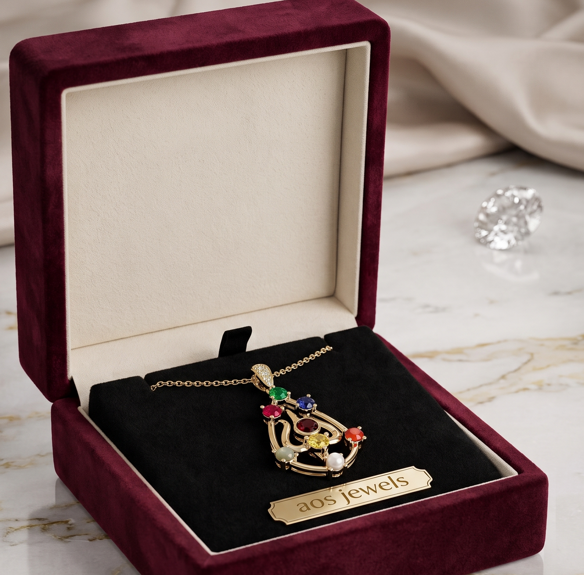 Sterling Silver Navaratna Trishul Pendant
