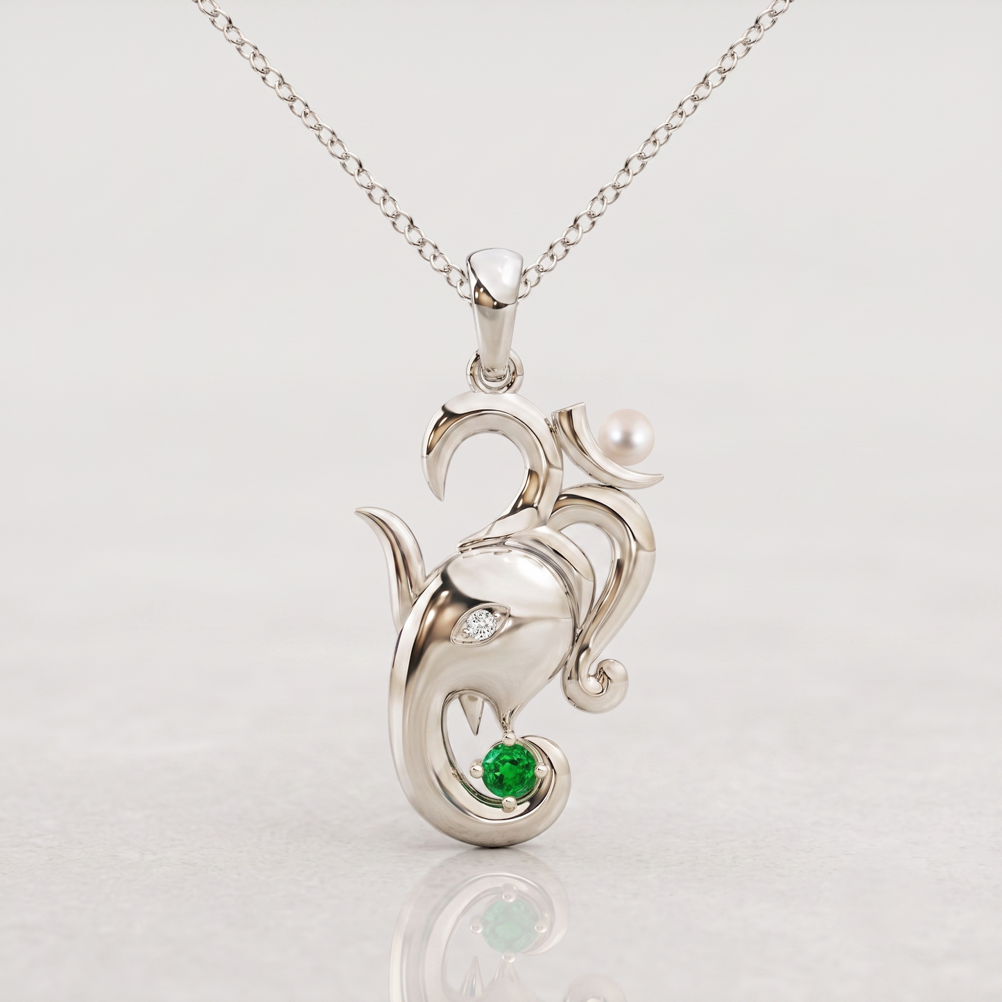 Om Ganesha Silver Pendant with Green Gemstone