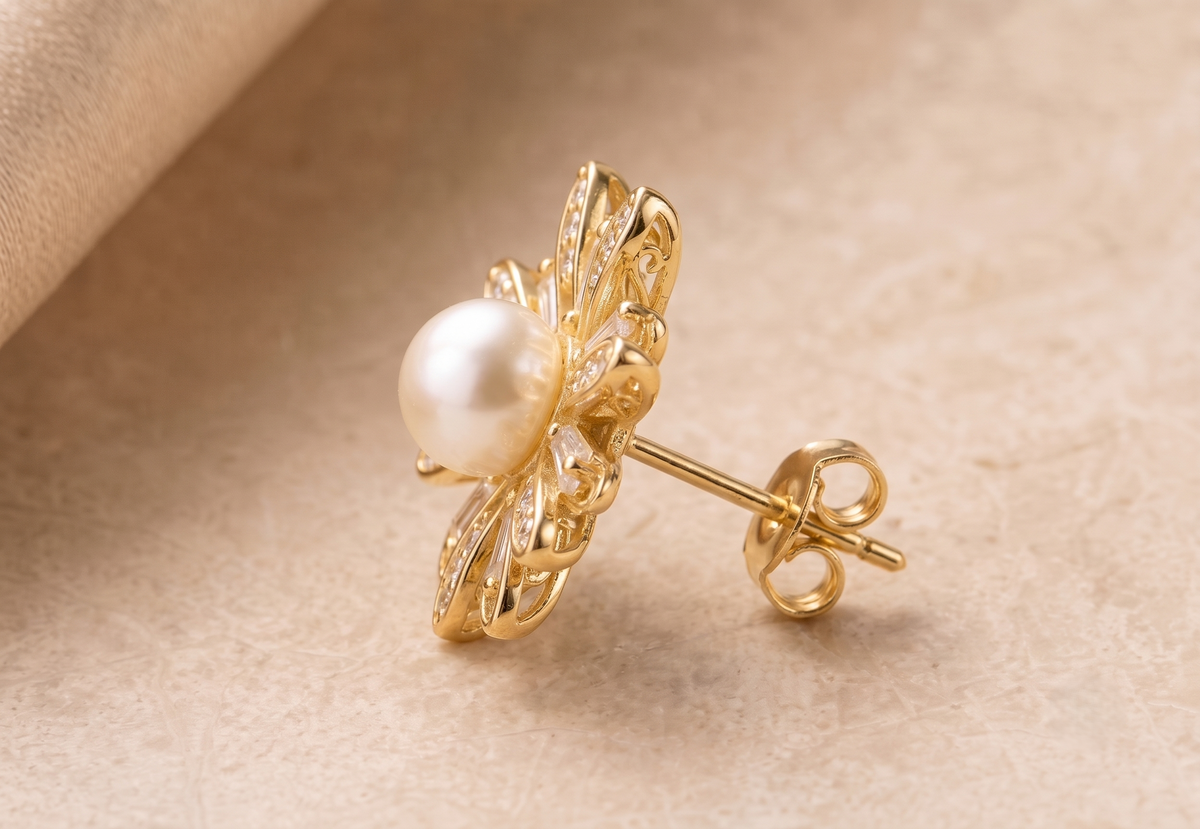 Pearl and Moissanite Sunburst Stud Earrings in Silver