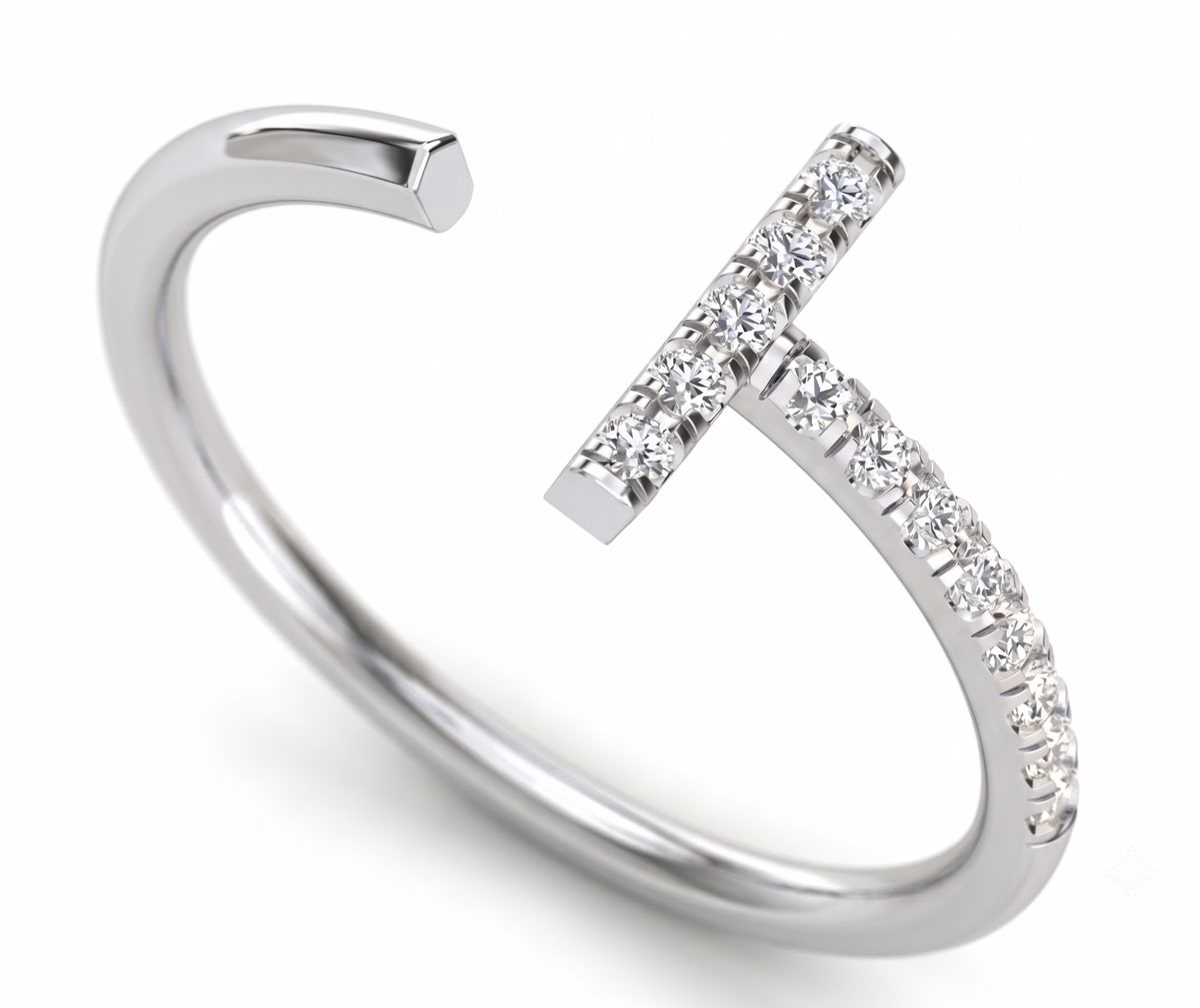 925 Sterling Silver Pave T-Bar Open Ring