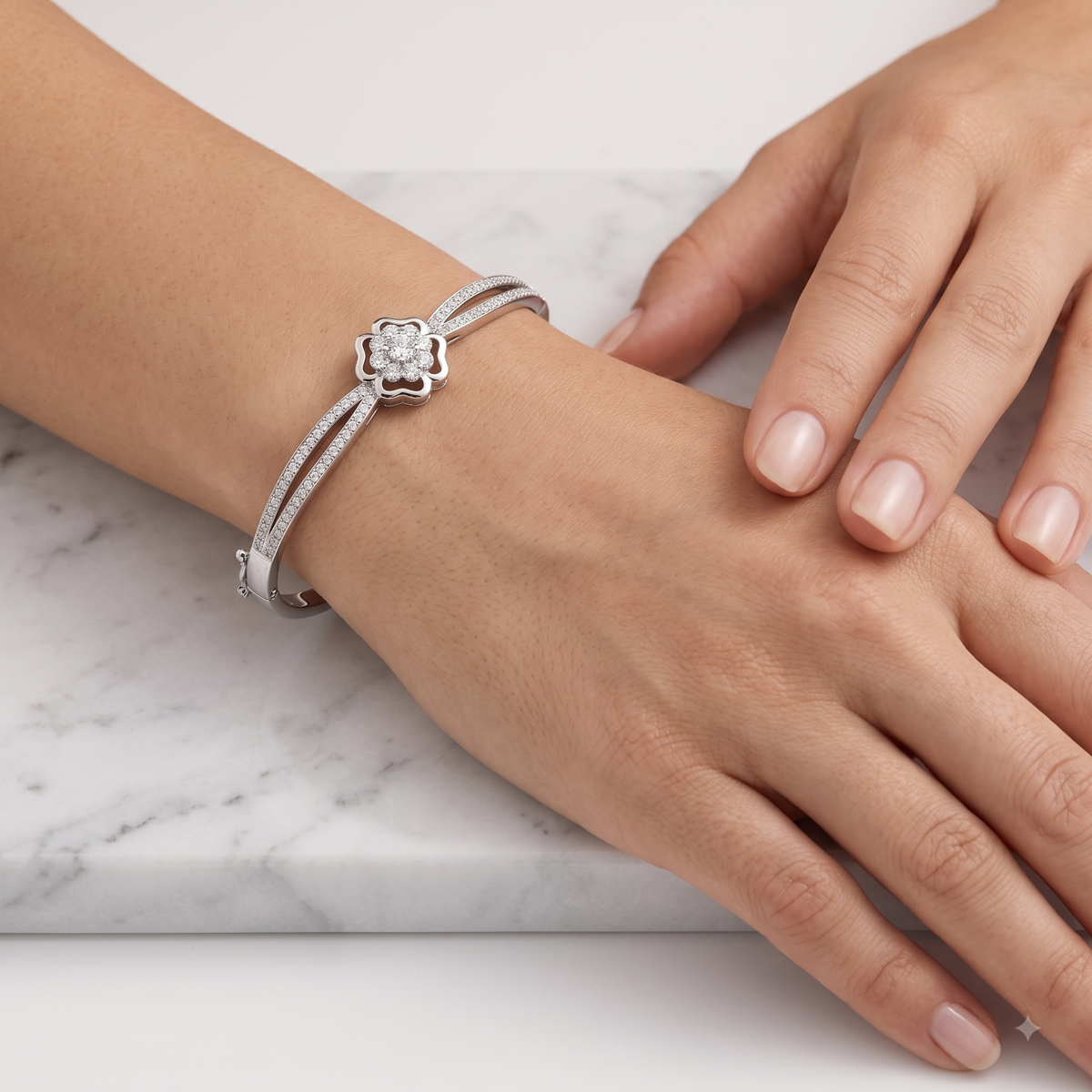 Sterling Silver Pavé Clover Hinged Bracelet