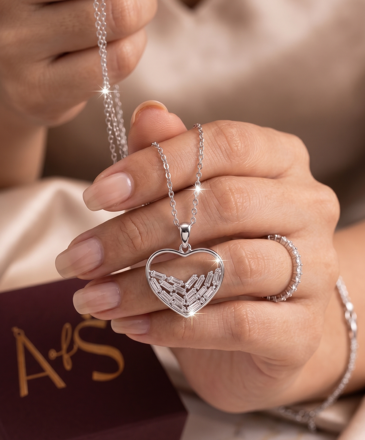 Crystal Mosaic Open Heart Silver Chain Pendant