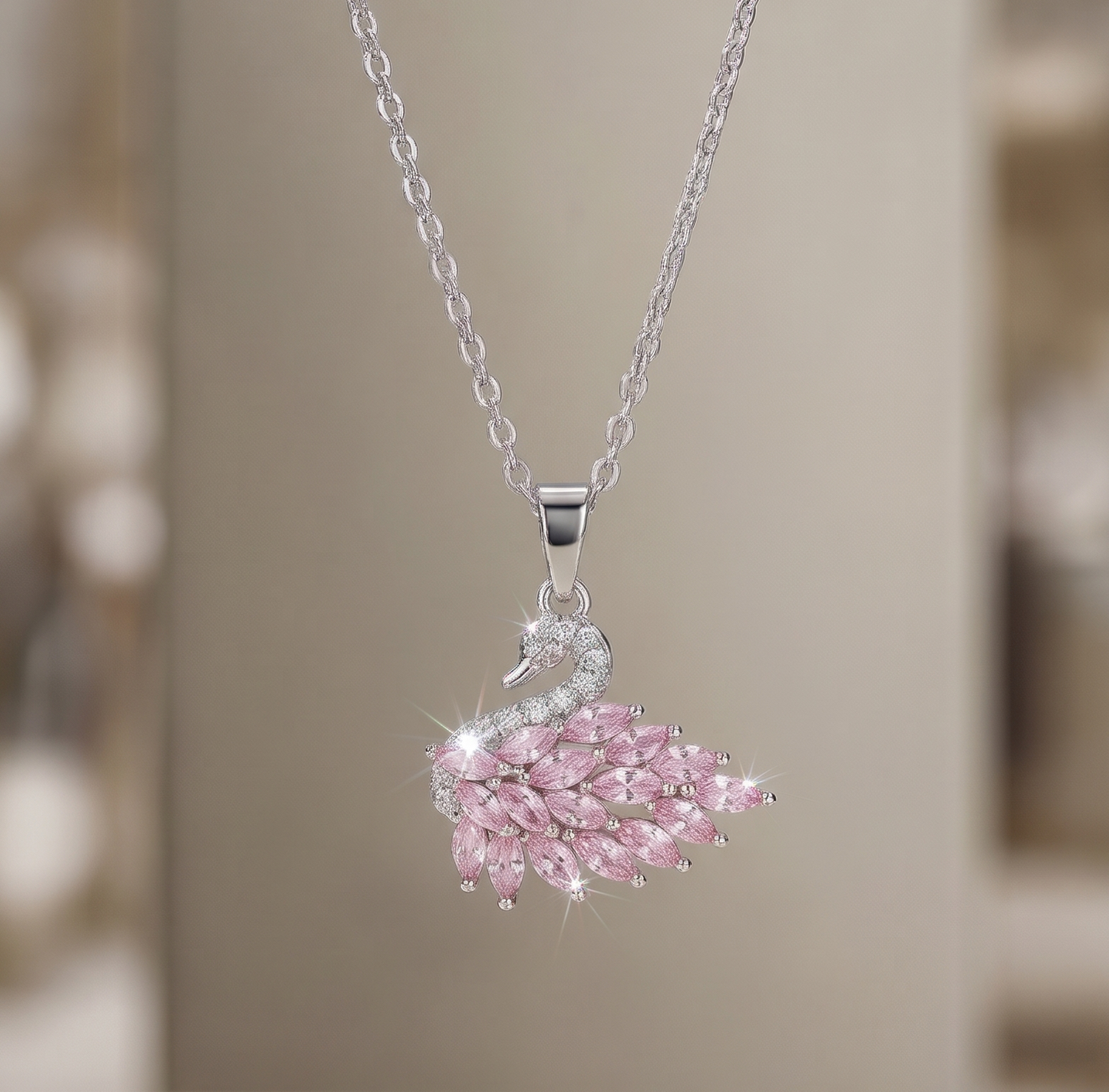 Sterling Silver Pink Marquise Crystal Swan Pendant