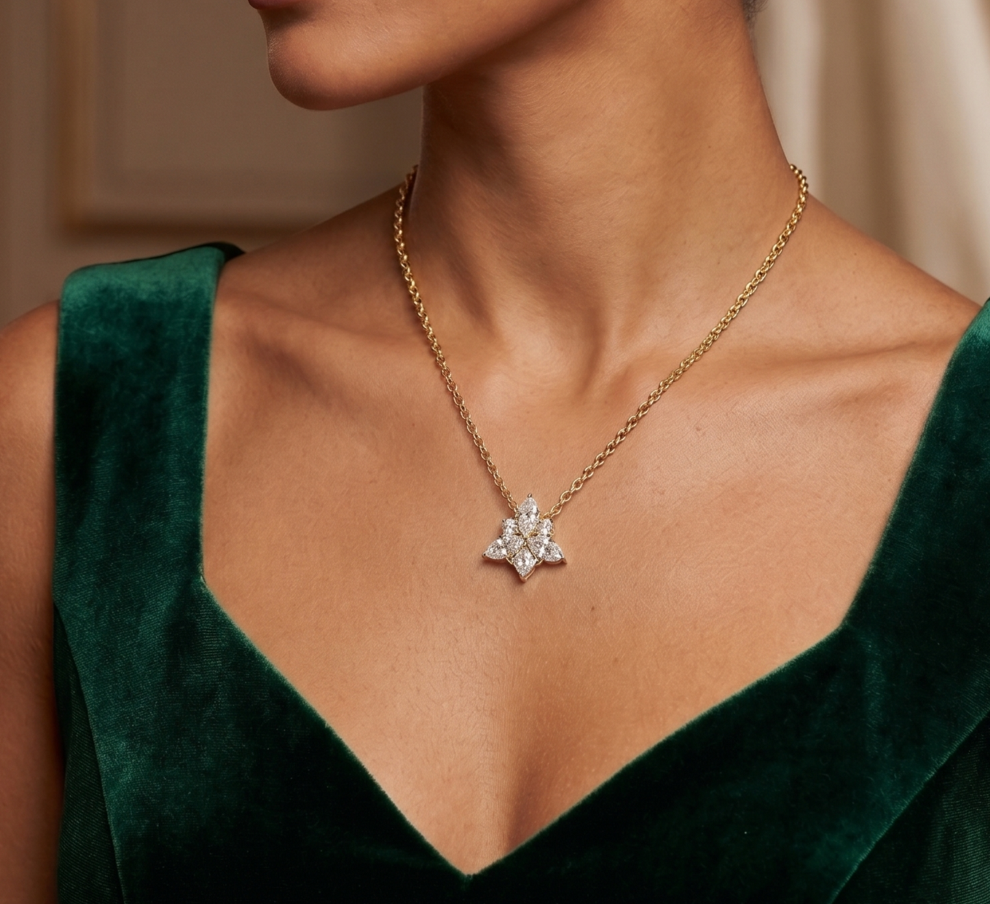 Sparkle Marquise & Princess Cut Star Flower Silver Chain Pendant