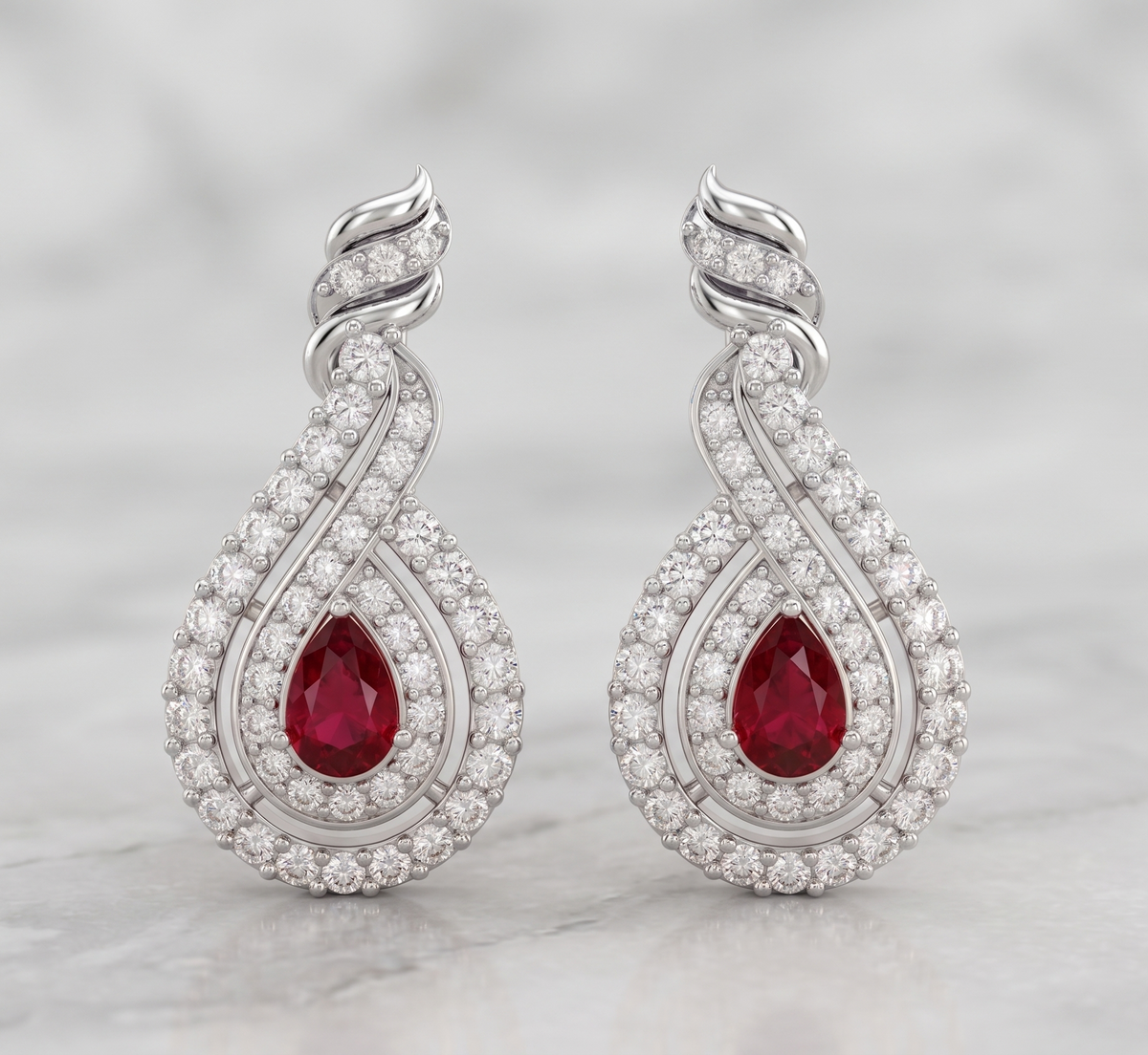 Silver Teardrop Ruby and moissanite Halo Drop Earrings