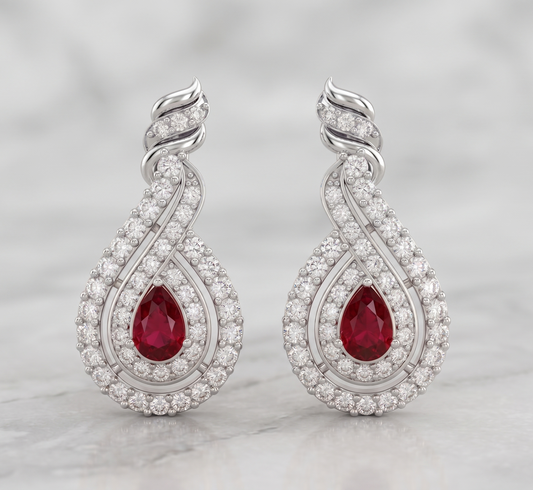 Silver Teardrop Ruby and moissanite Halo Drop Earrings