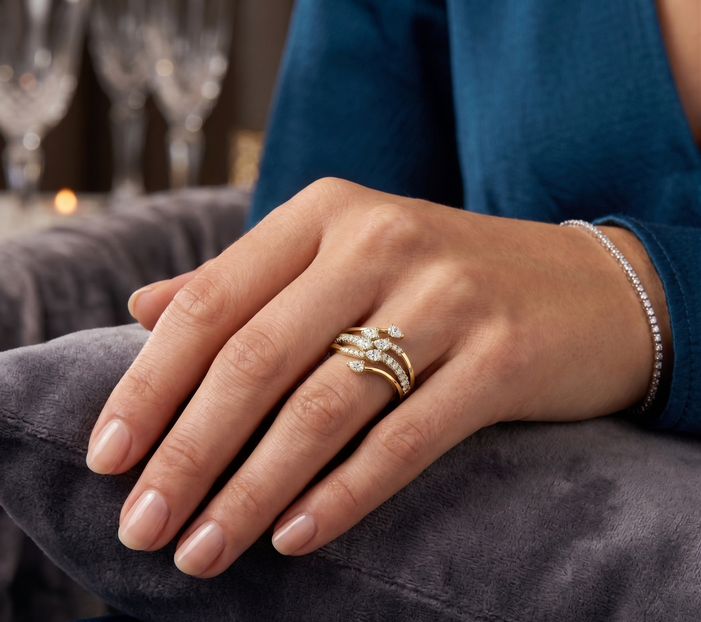 Silver Crossover Ring with Pavé and Teardrop Stones
