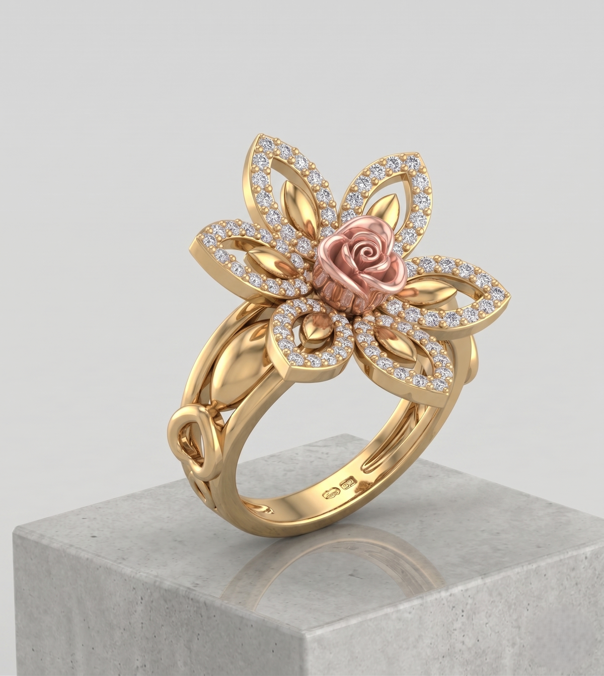 Two-Tone Silver and Rose Gold Floral moissanite Ring