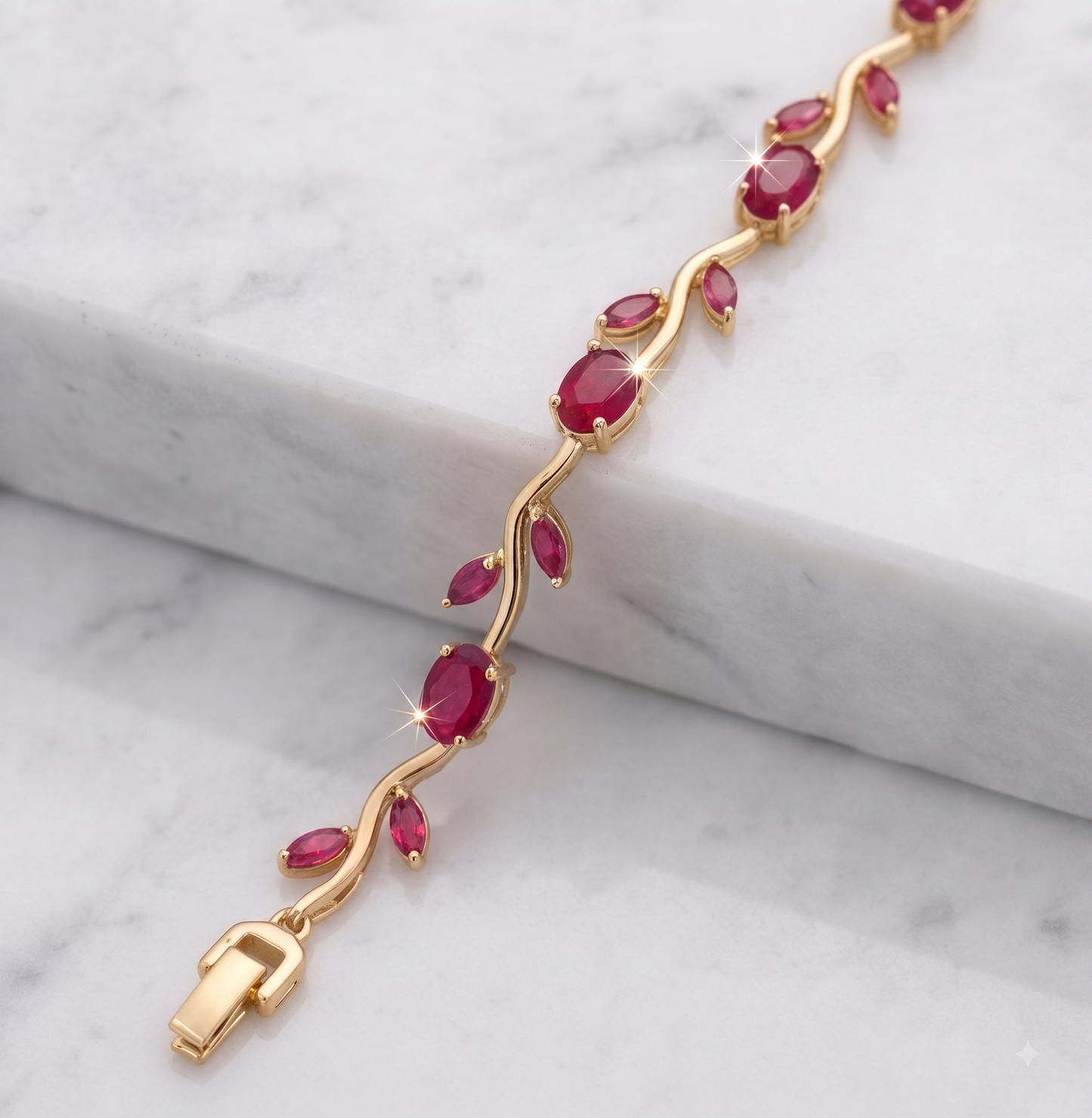Wavy Leaf and Vine Gemstone Link Silver Bracelet