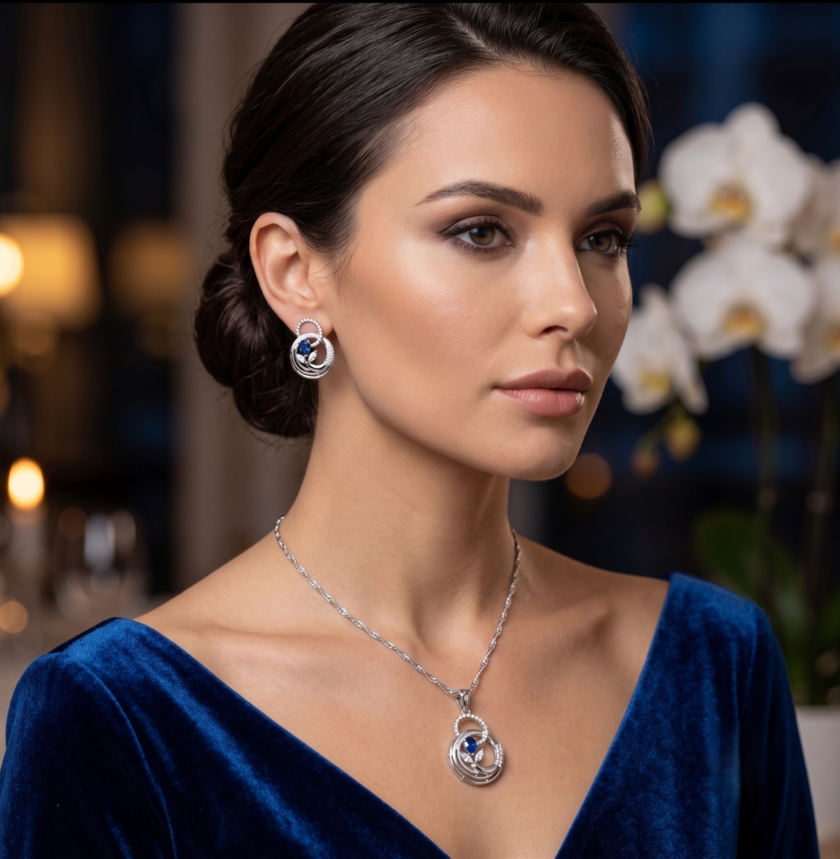 Ethereal Sapphire Interlocking Silver Pendant Set