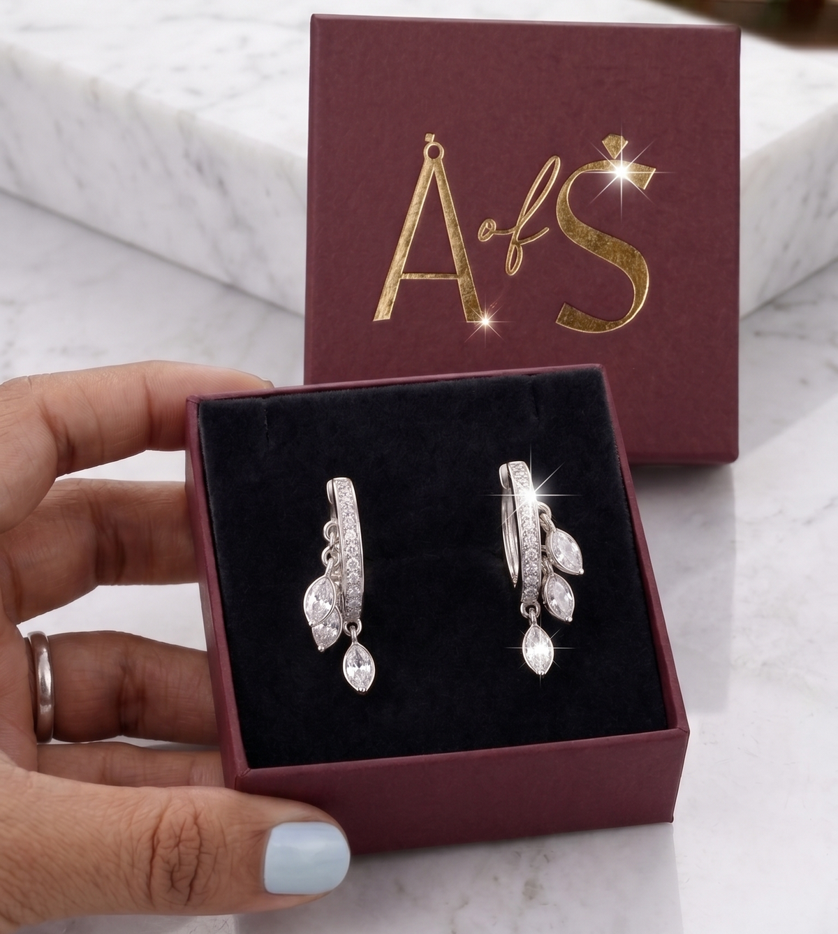 Silver Marquise Cluster Cascading Drop Huggies