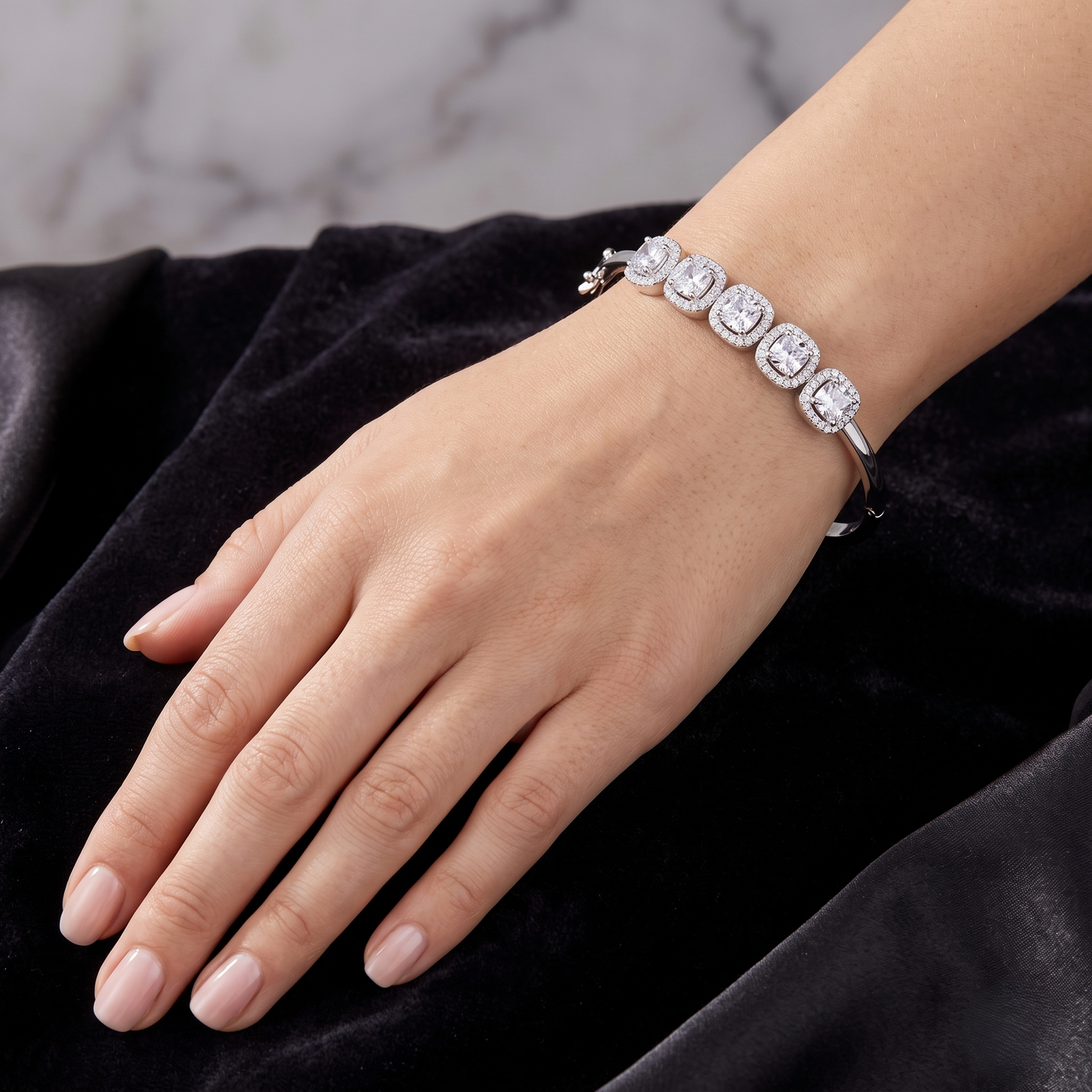 Sterling Silver Five-Stone Cushion Halo Bracelet