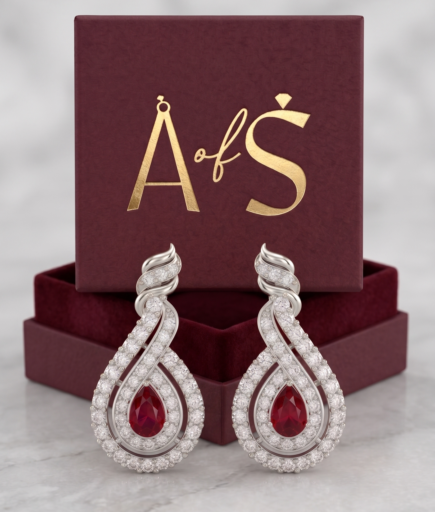 Silver Teardrop Ruby and moissanite Halo Drop Earrings