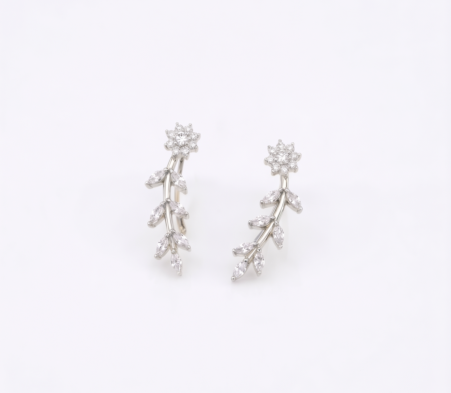 Silver Floral Vine Ear Climbers with Marquise Leaves