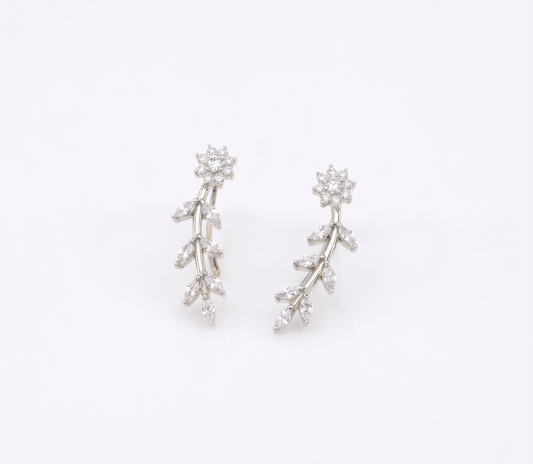 Silver Floral Vine Ear Climbers with Marquise Leaves
