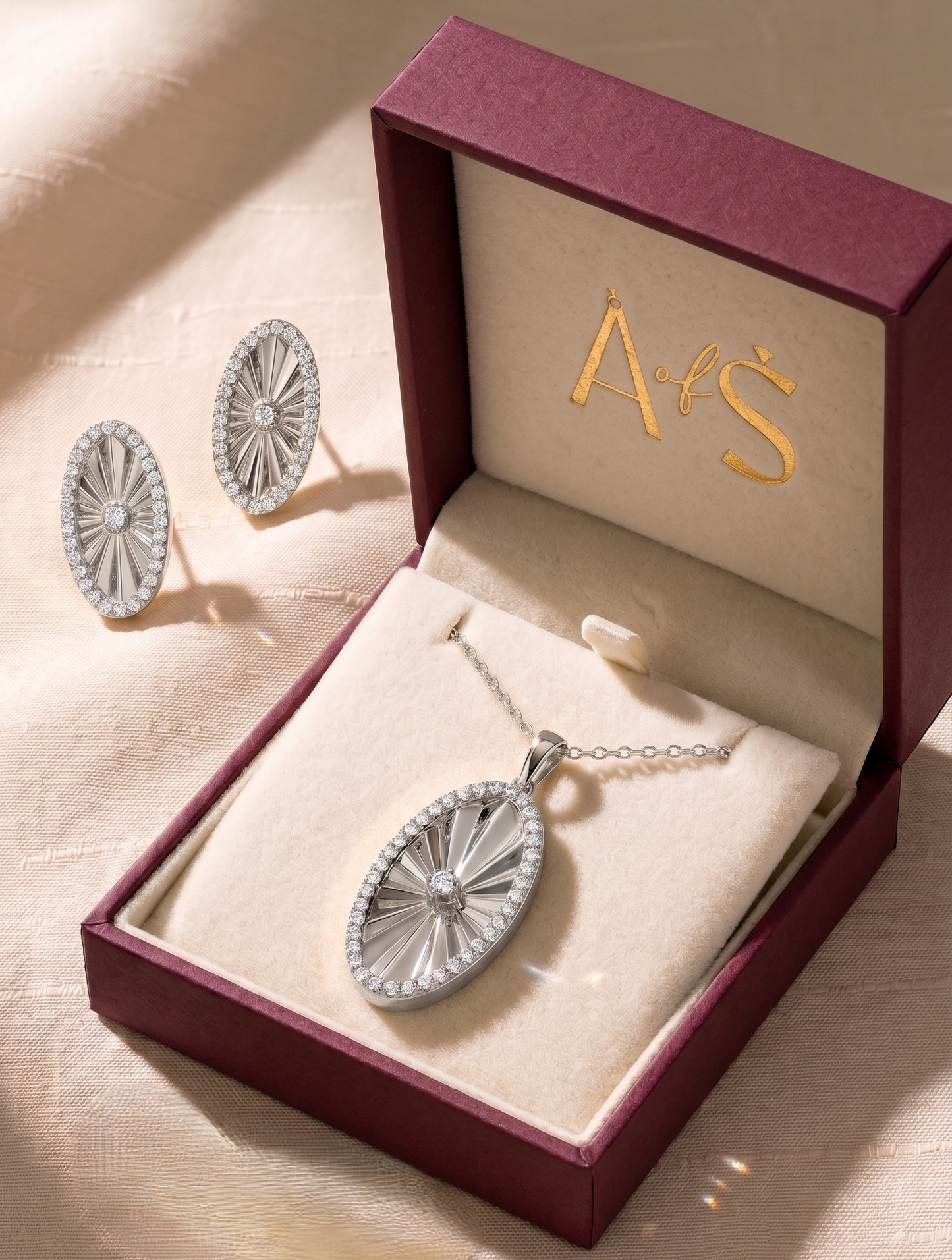 Sterling Silver Sunburst Halo Pendant Set
