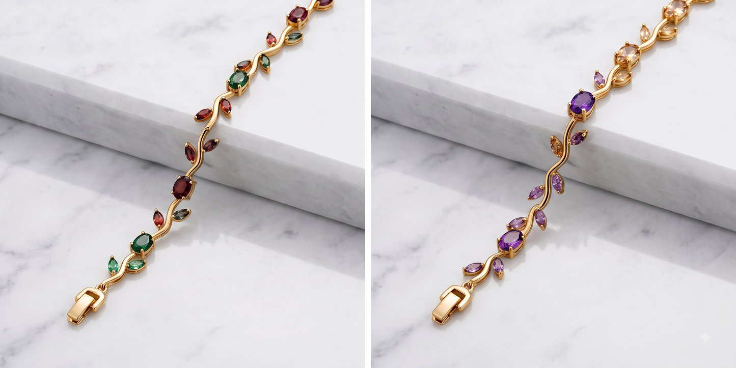 Wavy Leaf and Vine Gemstone Link Silver Bracelet
