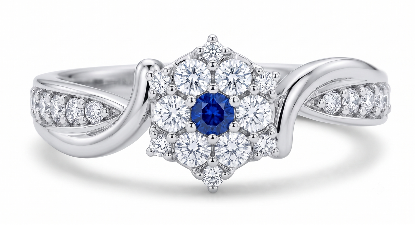 Sterling Silver Snowflake Cluster Ring with Blue Center Stone