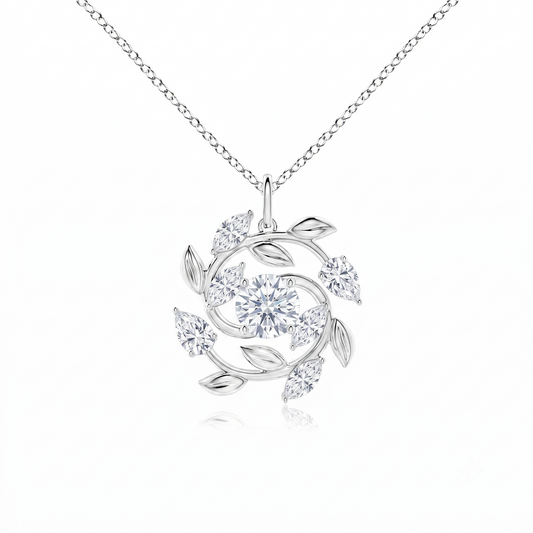 A silver-tone floral pendant necklace round stones leaf-like swirls,