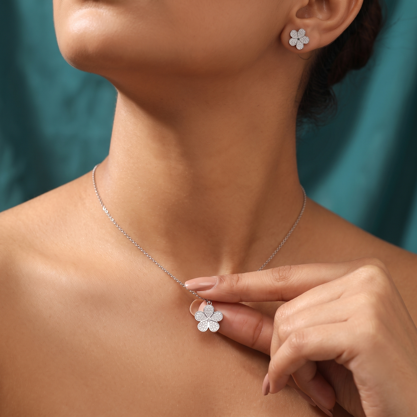 Silver-Tone Pave Floral Pendant Set