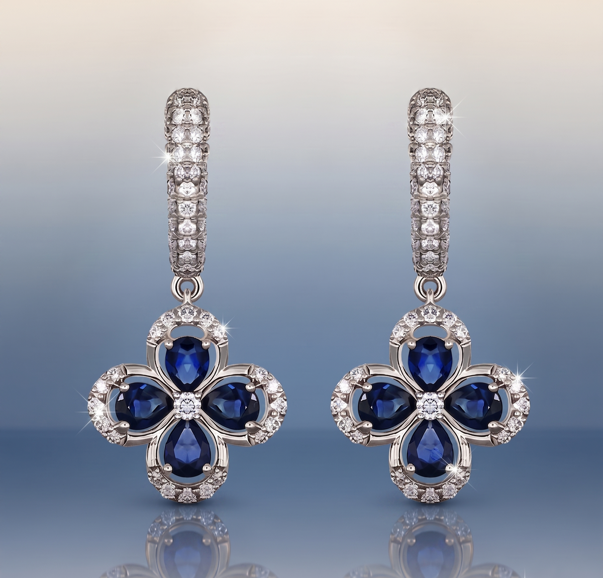 Sapphire Blossom Silver Clover Drop Earrings