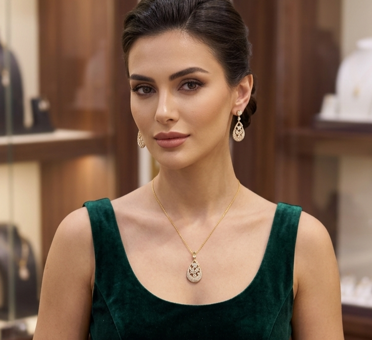 925 Sterling Silver Floral Teardrop Pendant Set