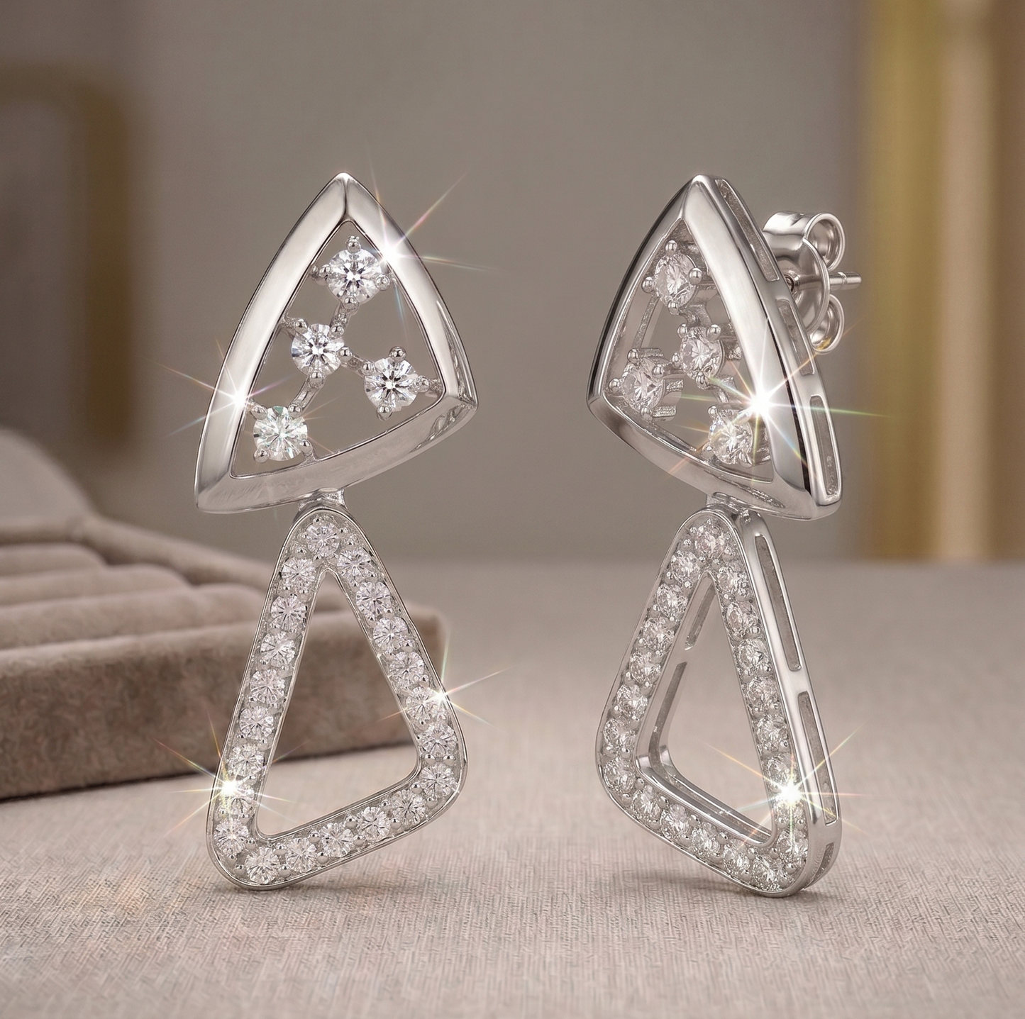 Modern Geometric Double Triangle moissanite Drop Earrings