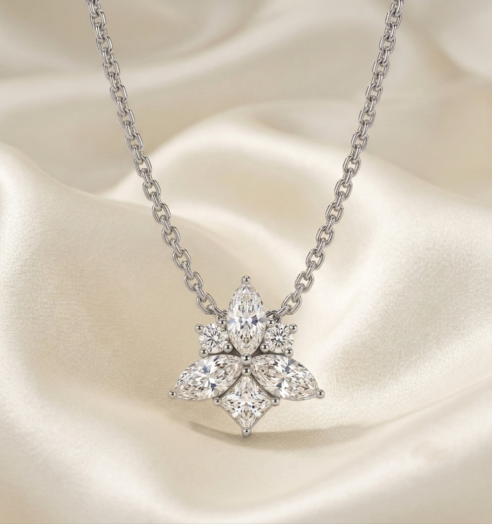 Sparkle Marquise & Princess Cut Star Flower Silver Chain Pendant