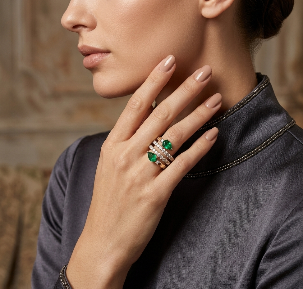 Luminous Pear Emerald & Pavé Silver Spiral Ring