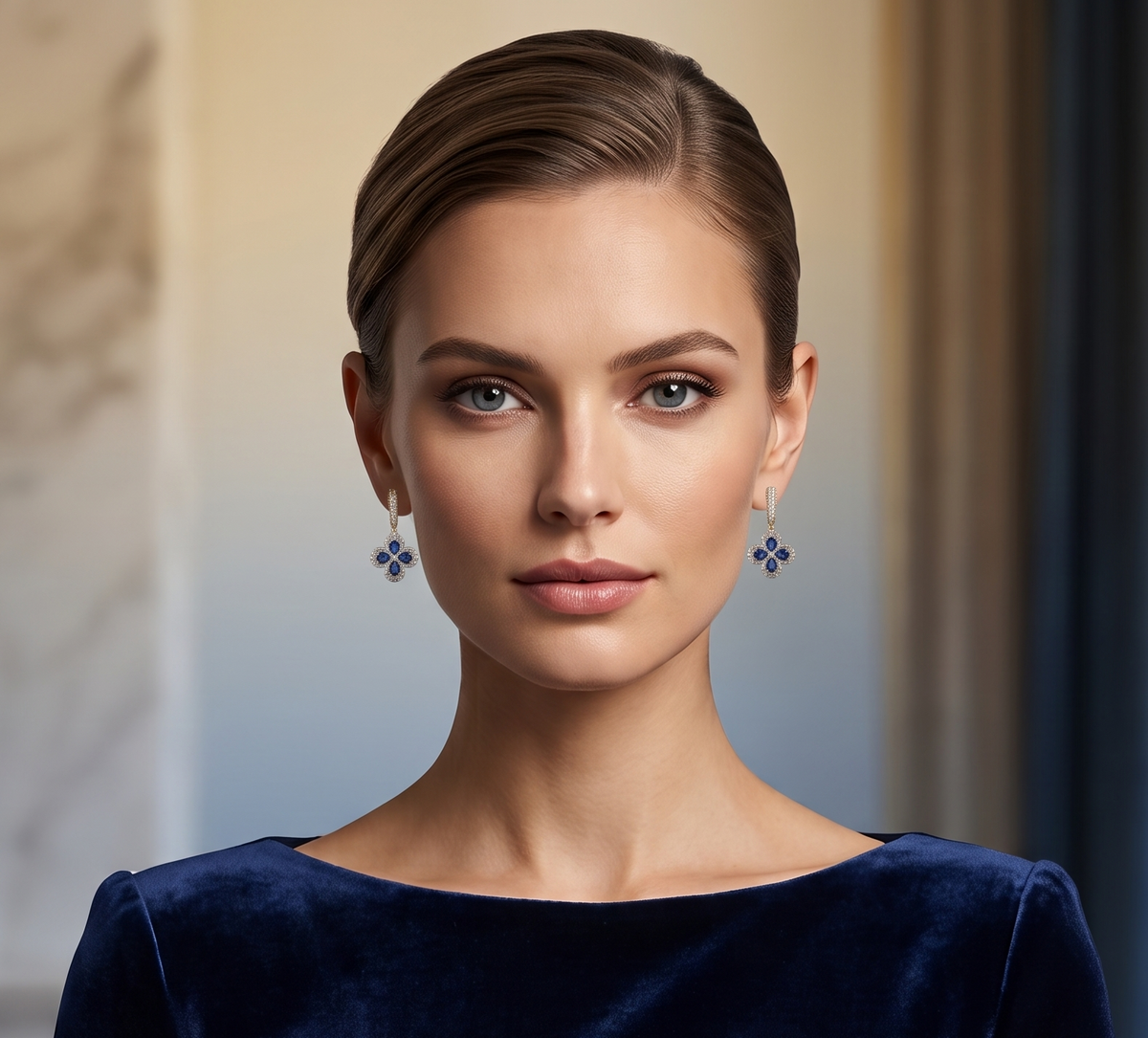 Sapphire Blossom Silver Clover Drop Earrings