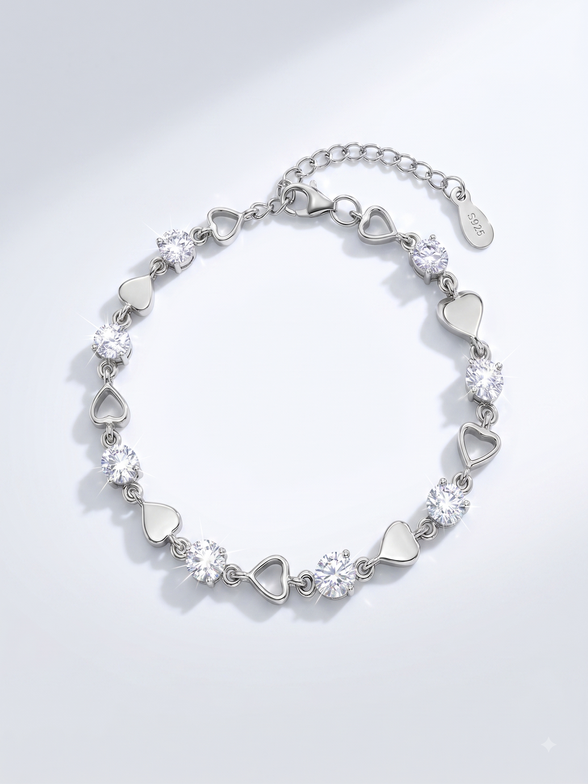 Silver Heart & Round Solitaire Tennis Bracelet