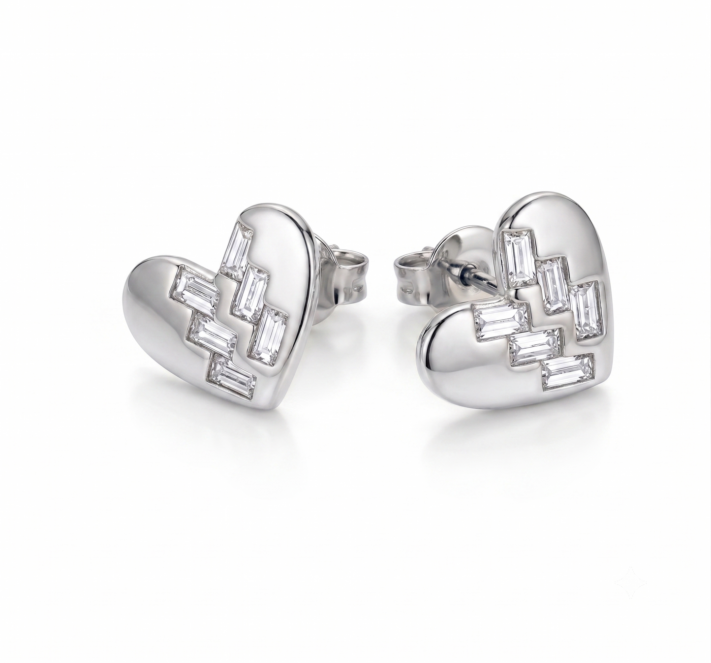 Asymmetrical Step-Cut Stone Heart Silver Earrings