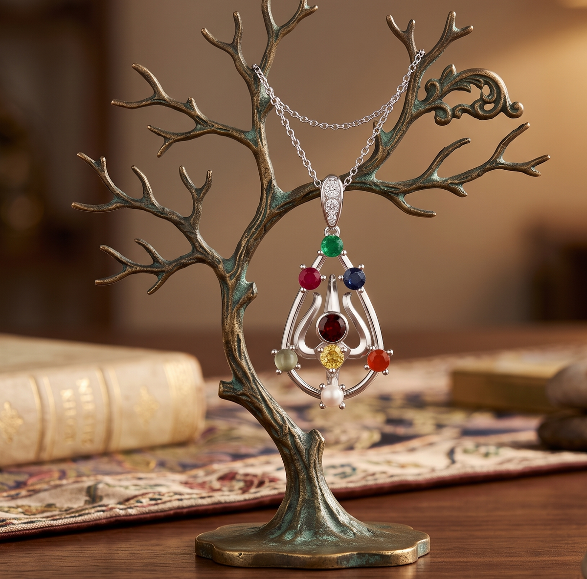 Sterling Silver Navaratna Trishul Pendant