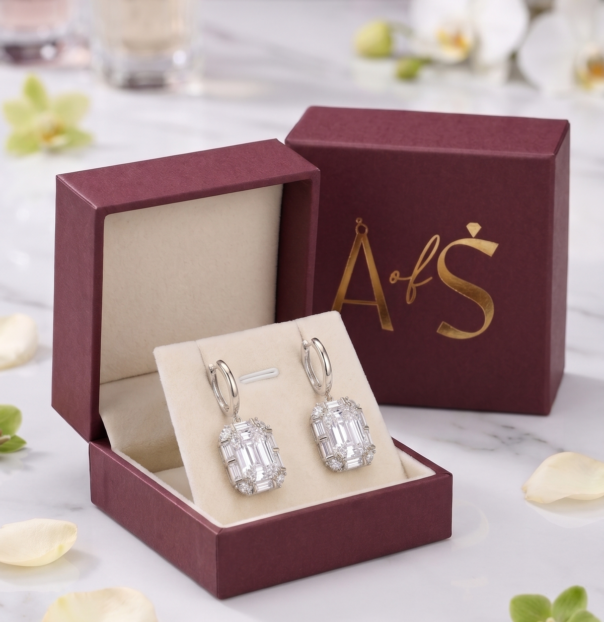 Radiant Emerald-Cut Halo Drop Silver Earrings