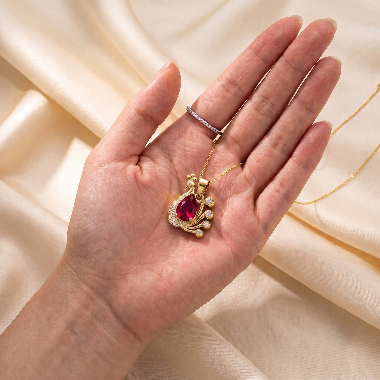 The Ruby Teardrop Peacock Silver Chain Pendant