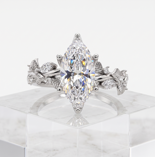 925 Sterling Silver Marquise Cut Botanical Ring