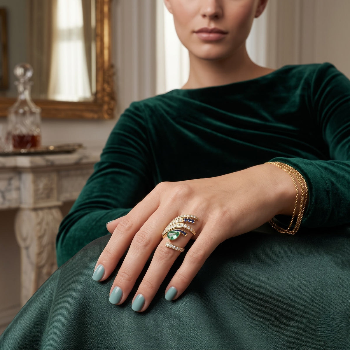 925 Silver Green Pear-Cut & Sapphire Simulant Wrap Ring