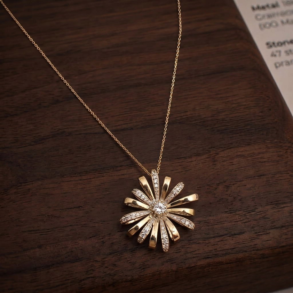 A silver sunburst chain pendant
