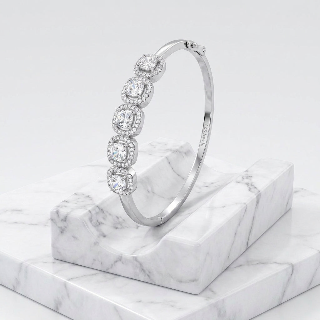 Sterling Silver Five-Stone Cushion Halo Bracelet