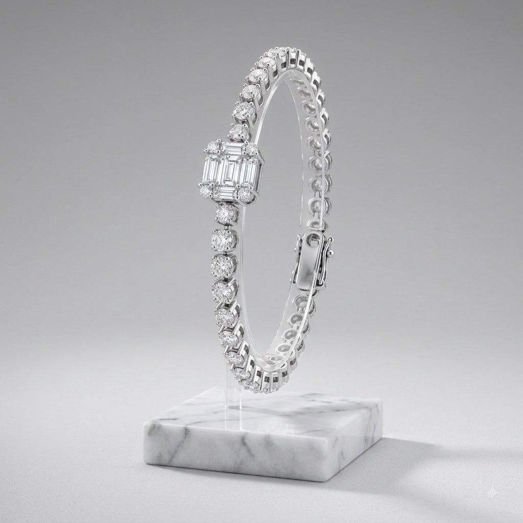 Silver Baguette & Round Halo Statement Bracelet