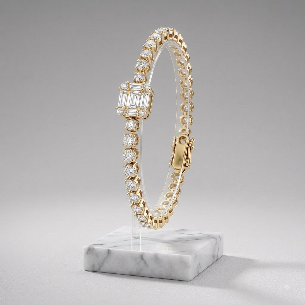 Silver Baguette & Round Halo Statement Bracelet