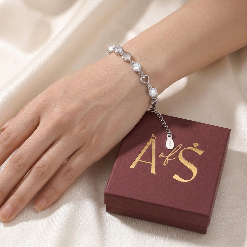 Silver Heart & Round Solitaire Tennis Bracelet