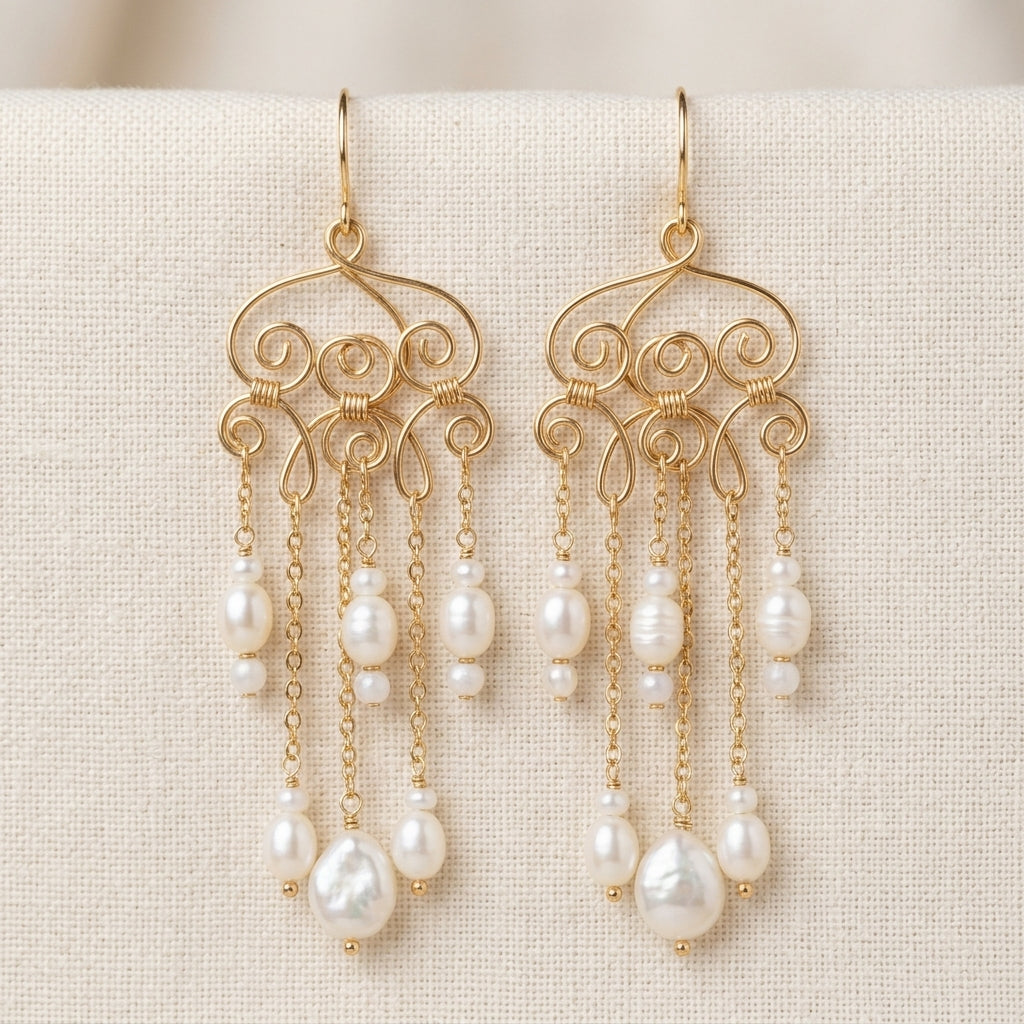 Sterling Silver Wire-Wrapped Pearl Chandelier Earrings