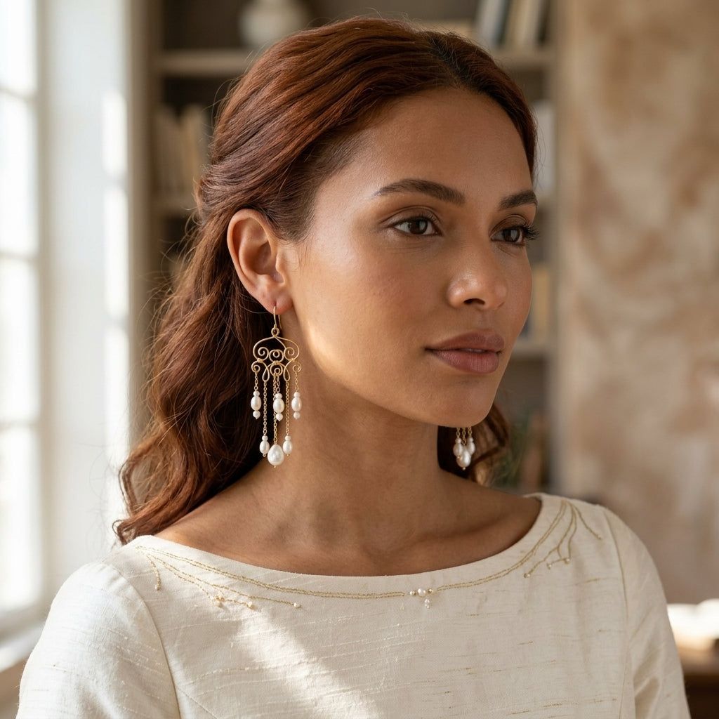 Sterling Silver Wire-Wrapped Pearl Chandelier Earrings